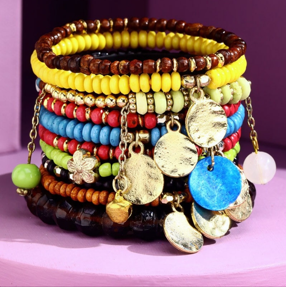 Vibrant Multicolor Bohemian Beaded Bracelet Set w Metal Coins & Multiple Charms - Picture 2 of 3